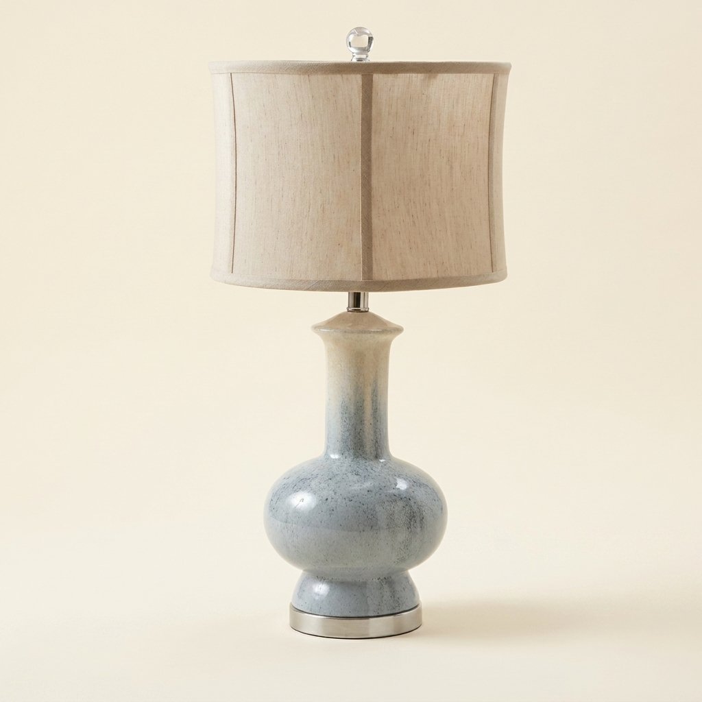 Glazed Ceramic Gourd Table Lamp, Speckled Gray Finish on a warm cream background