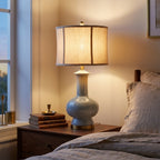 Glazed Ceramic Gourd Table Lamp, Speckled Gray Finish styled in a warm modern interior