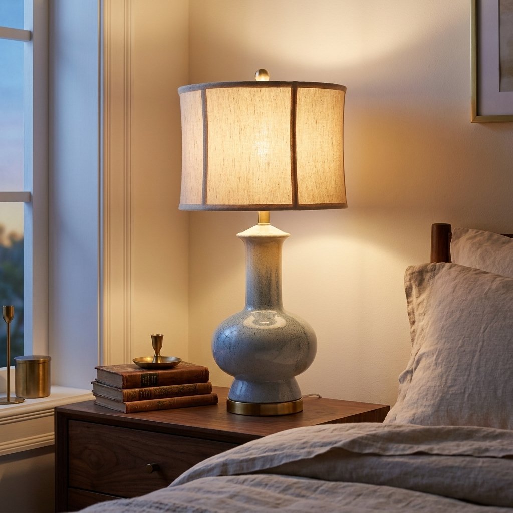 Glazed Ceramic Gourd Table Lamp, Speckled Gray Finish styled in a warm modern interior