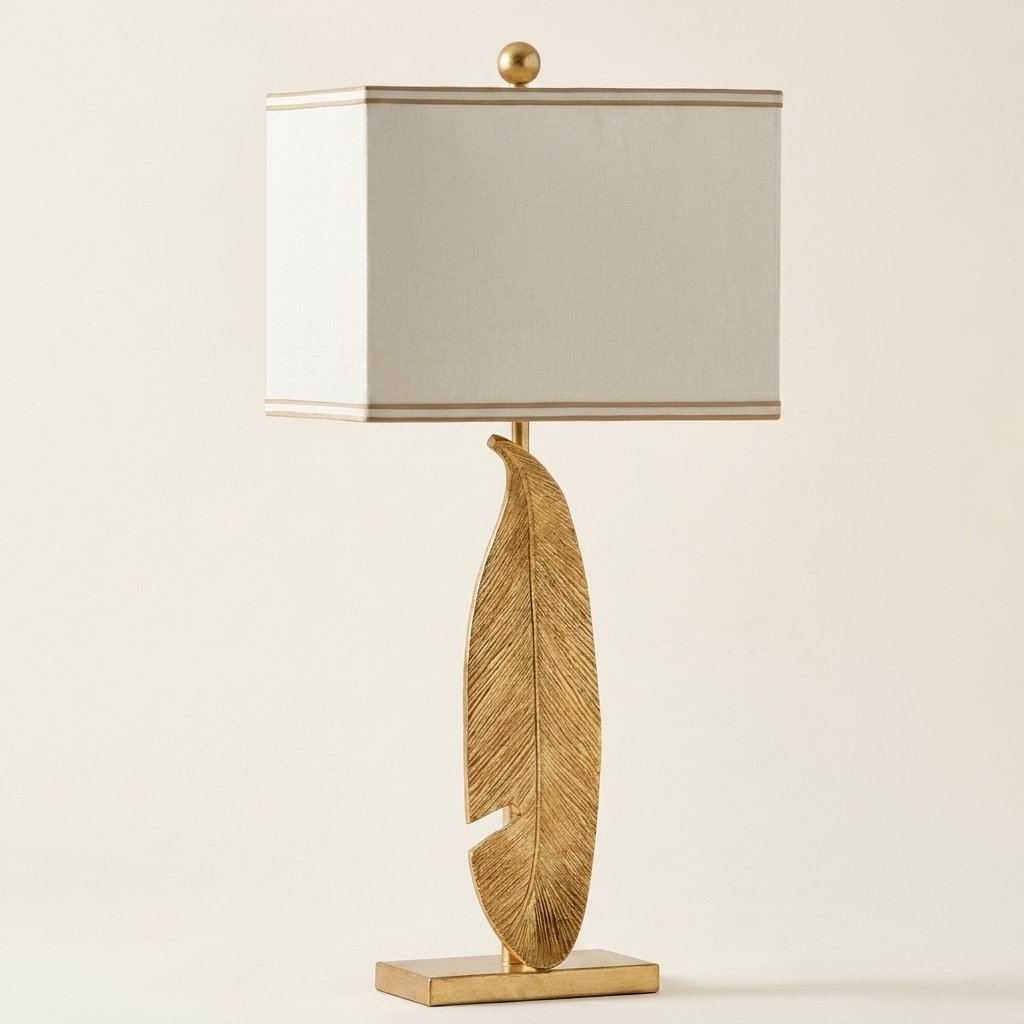 Gold Feather Table Lamp, Cream Rectangular Shade on a warm cream background