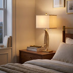 Gold Feather Table Lamp, Cream Rectangular Shade styled in a warm modern interior