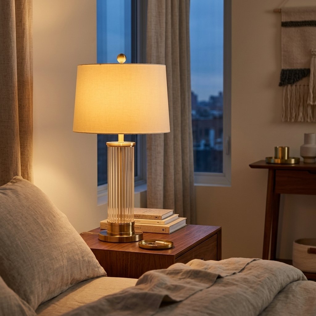 Fluted Glass Column Table Lamp, Brass Base, Tapered Shade styled in a warm modern interior