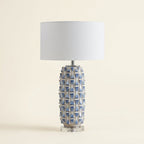 Ceramic Pineapple Table Lamp, Blue and White, Dimmable on a warm cream background