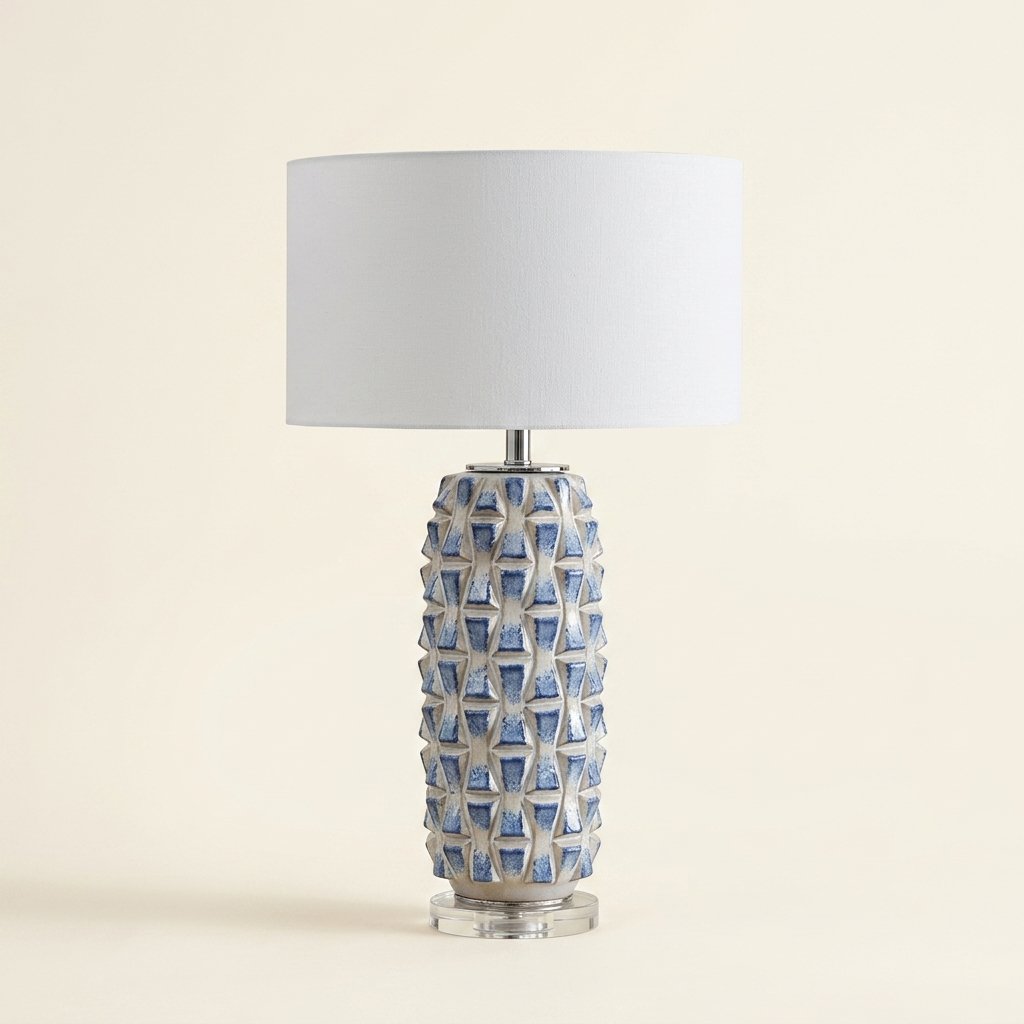 Ceramic Pineapple Table Lamp, Blue and White, Dimmable on a warm cream background