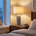 Ceramic Pineapple Table Lamp, Blue and White, Dimmable styled in a warm modern interior