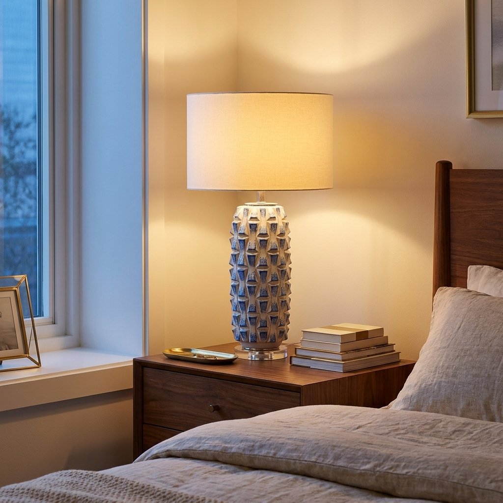 Ceramic Pineapple Table Lamp, Blue and White, Dimmable styled in a warm modern interior