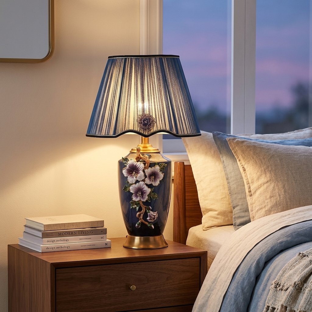 Enamel Ceramic Table Lamp, Floral Relief, Pleated Shade styled in a warm modern interior