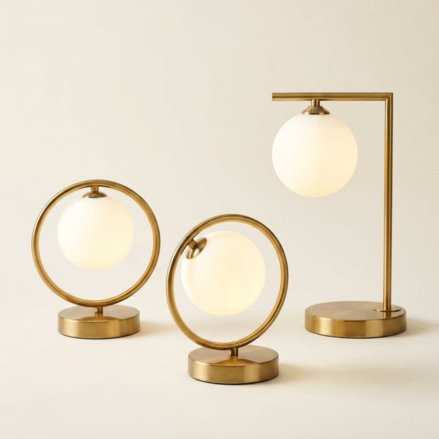 Brass Ring Table Lamp with Opal Glass Globe, Touch Switch on a warm cream background