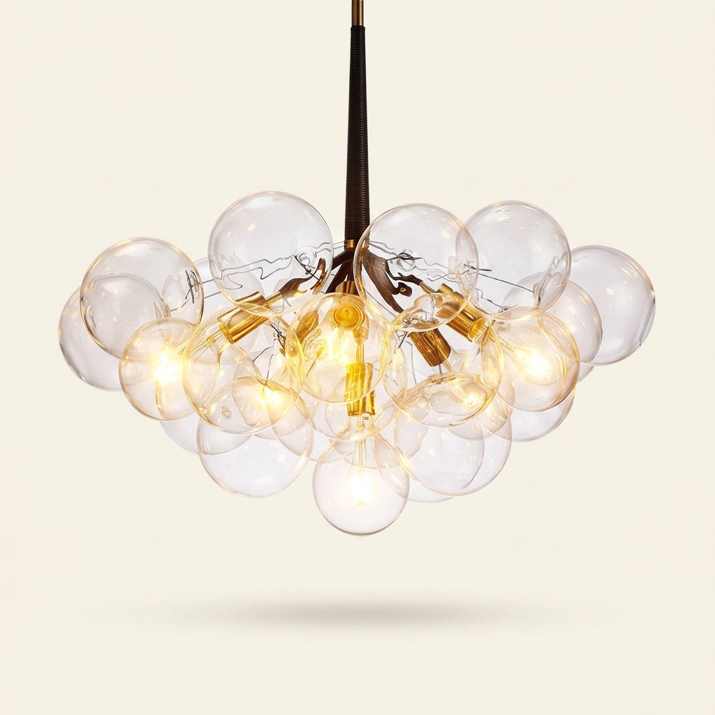 Modern 3-Light Glass Bubble Ball Pendant, 9 Clear Spheres on a warm cream background