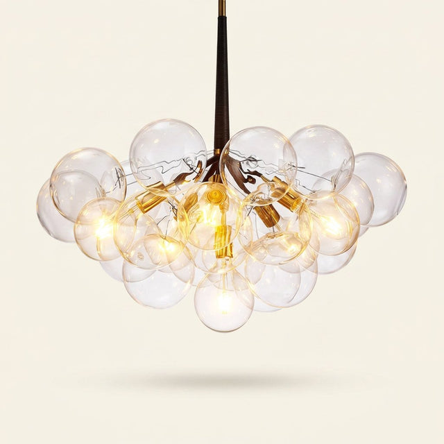 Modern 3-Light Glass Bubble Ball Pendant, 9 Clear Spheres on a warm cream background