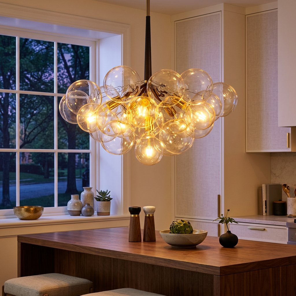 Modern 3-Light Glass Bubble Ball Pendant, 9 Clear Spheres styled in a warm modern interior