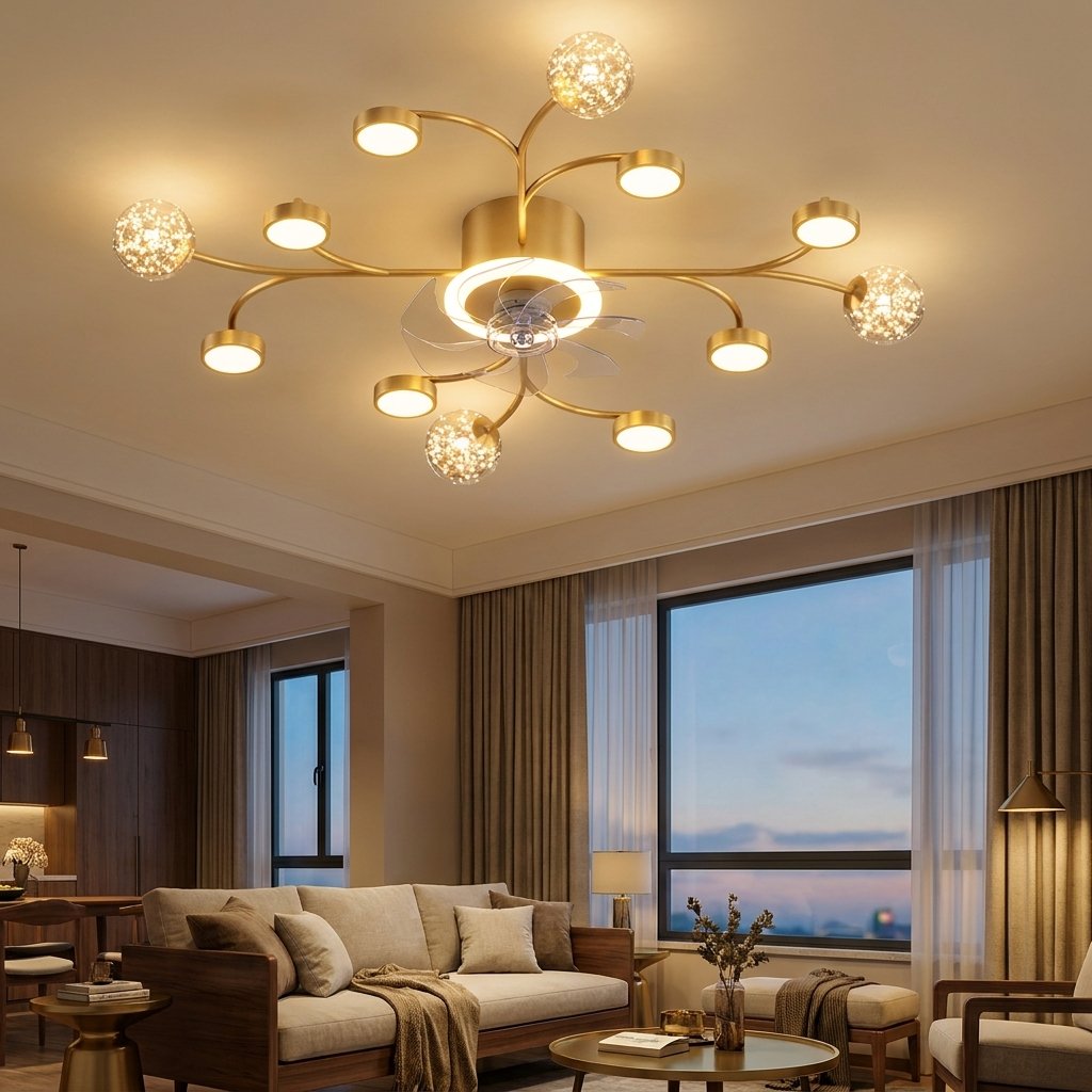 Smart LED Ceiling Fan Light with Remote, 21 or 39 in., Black or Gold styled in a warm modern interior