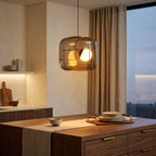 Art Glass Bedside Pendant Light, Smoke Gray, Clear or Cognac styled in a warm modern interior