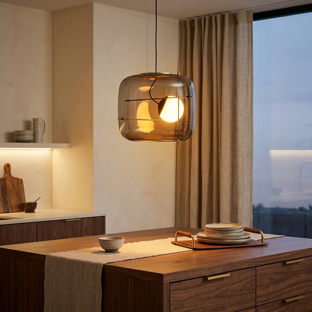 Art Glass Bedside Pendant Light, Smoke Gray, Clear or Cognac styled in a warm modern interior