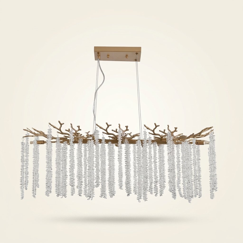 Cascading Crystal Pendant Light, 39 In. Gold Iron Frame on a warm cream background