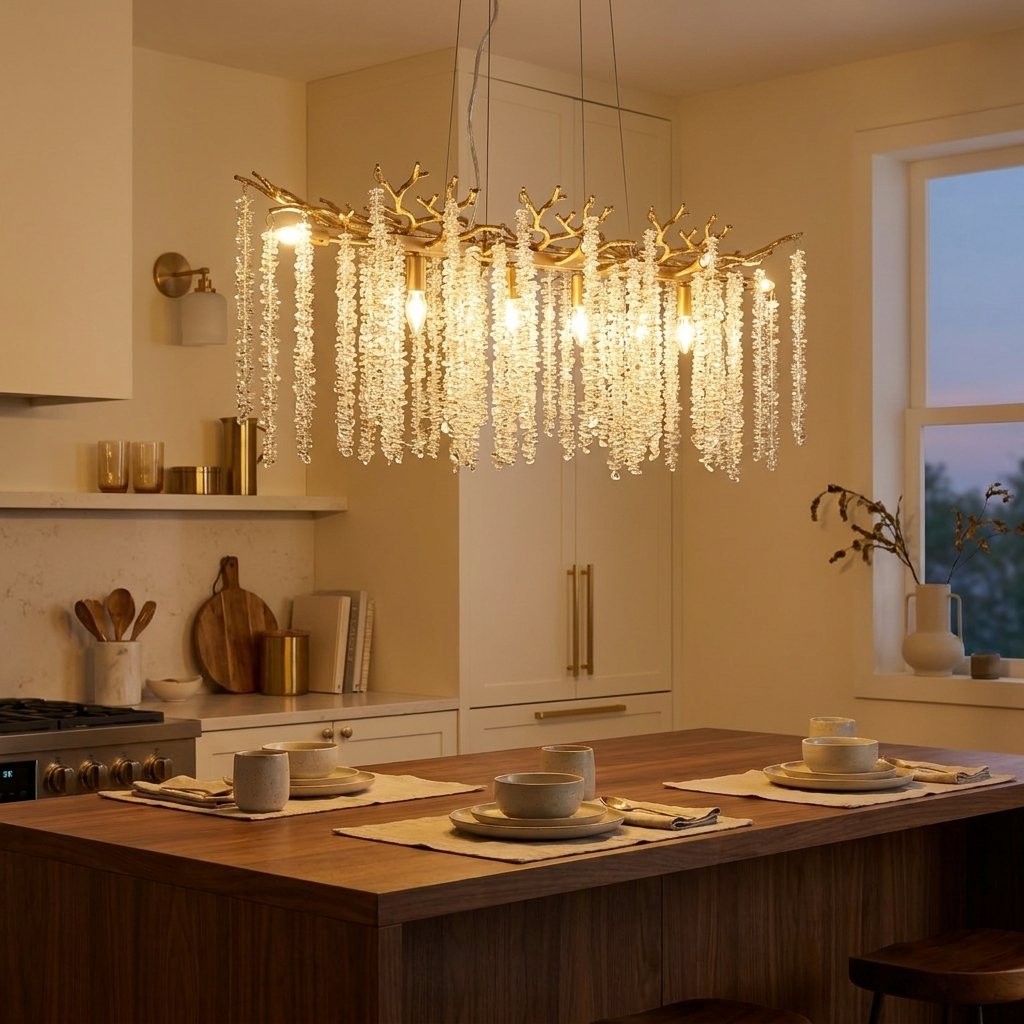 Cascading Crystal Pendant Light, 39 In. Gold Iron Frame styled in a warm modern interior
