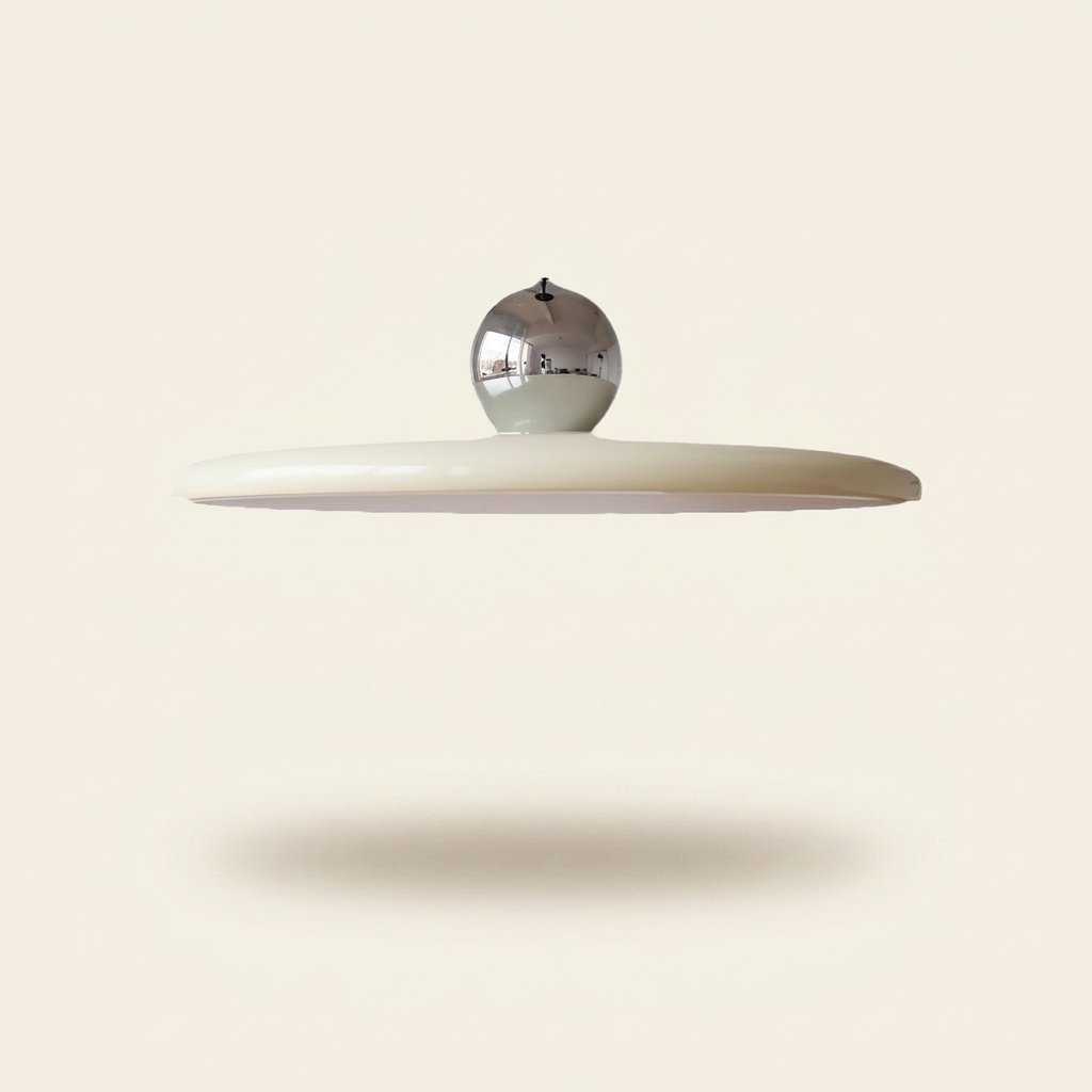 Flying Saucer LED Pendant Light, Retro Disc, Adjustable Drop on a warm cream background