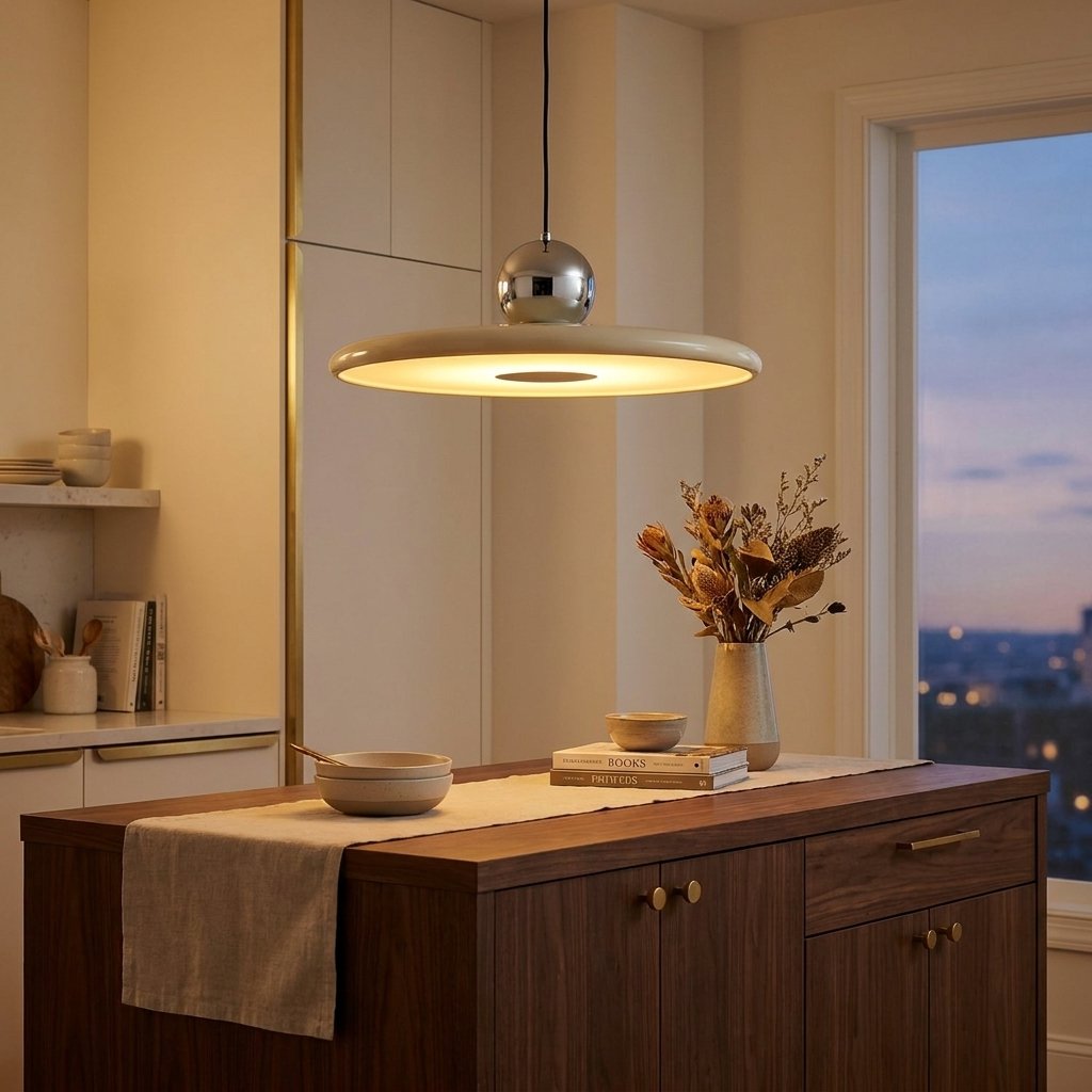 Flying Saucer LED Pendant Light, Retro Disc, Adjustable Drop styled in a warm modern interior