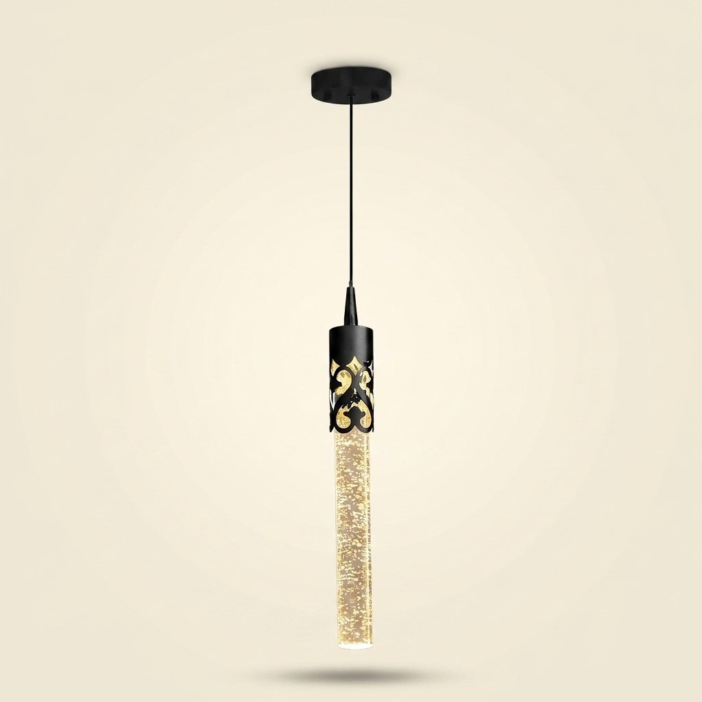 Crystal Cylinder Pendant Light, Bubble Texture, Adjustable Drop on a warm cream background