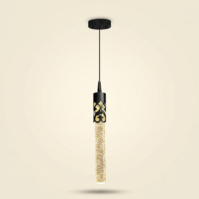 Crystal Cylinder Pendant Light, Bubble Texture, Adjustable Drop on a warm cream background