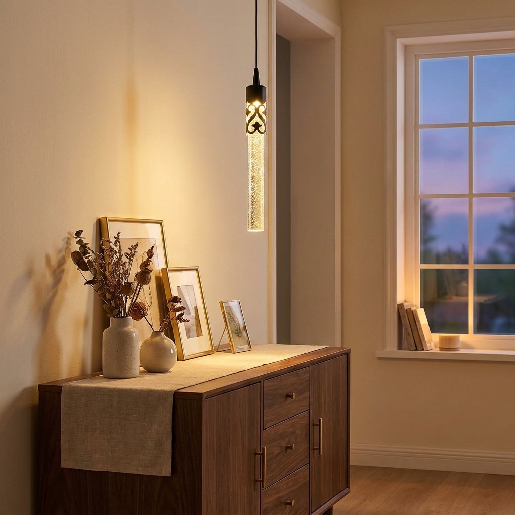 Crystal Cylinder Pendant Light, Bubble Texture, Adjustable Drop styled in a warm modern interior