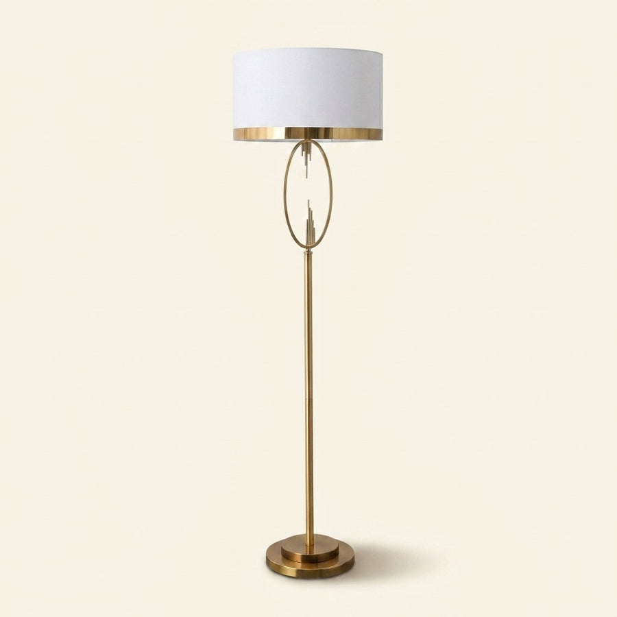 Brass Hoop Floor Lamp with White Drum Shade, 65 Inch on a warm cream background
