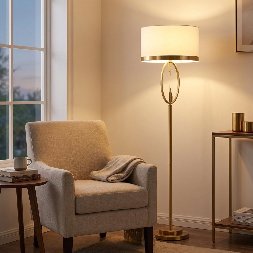 Brass Hoop Floor Lamp with White Drum Shade, 65 Inch styled in a warm modern interior
