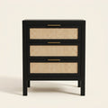 Three-Drawer Bedside Chest, Matte Black on a warm cream background