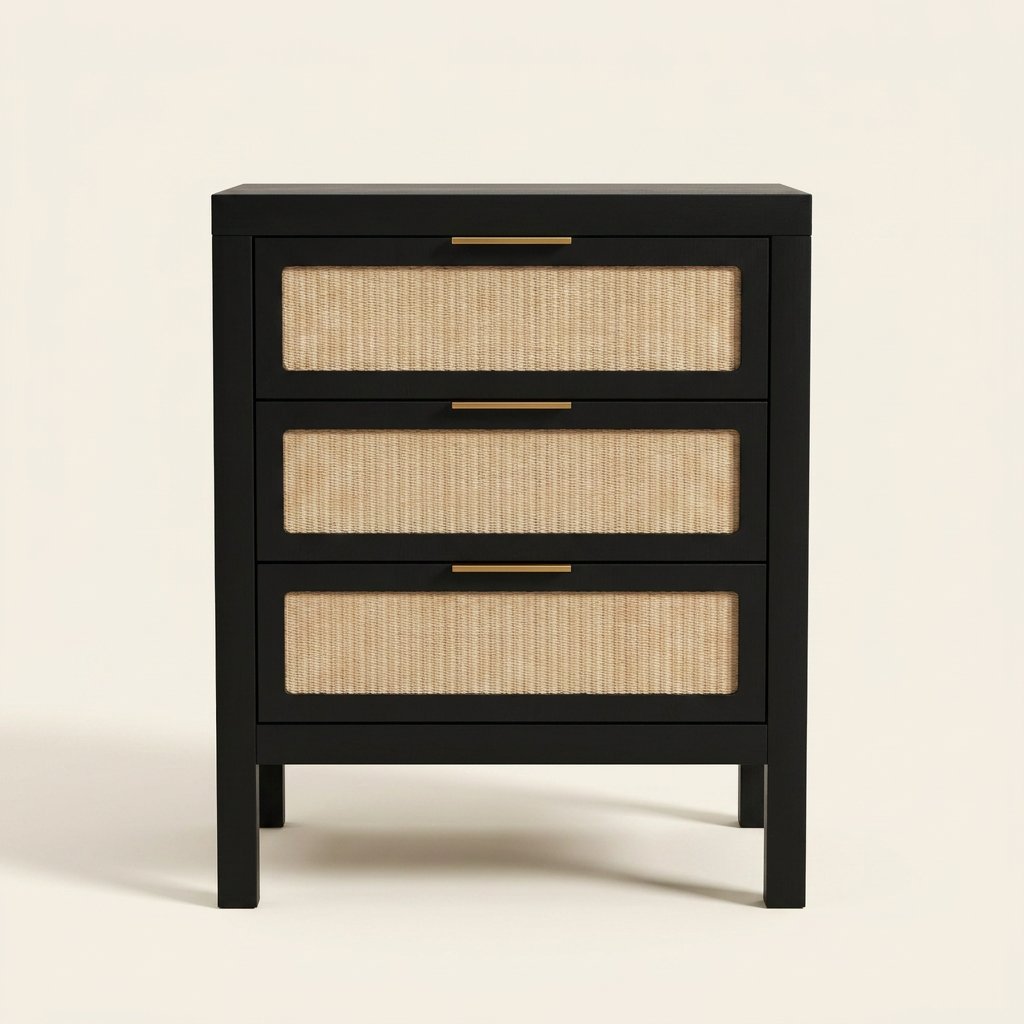 Three-Drawer Bedside Chest, Matte Black on a warm cream background
