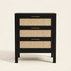 Three-Drawer Bedside Chest, Matte Black on a warm cream background