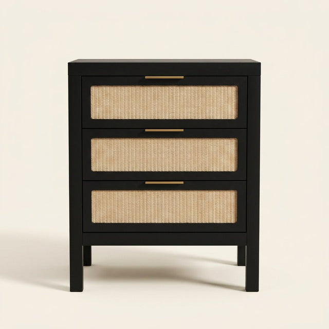 Three-Drawer Bedside Chest, Matte Black on a warm cream background
