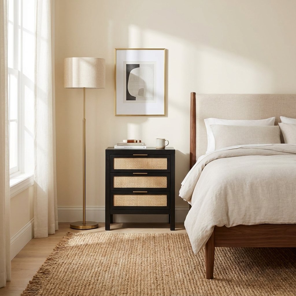 Three-Drawer Bedside Chest, Matte Black styled in a warm modern interior