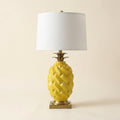 Ceramic Pineapple Table Lamp, Yellow with Brass-Tone Base on a warm cream background
