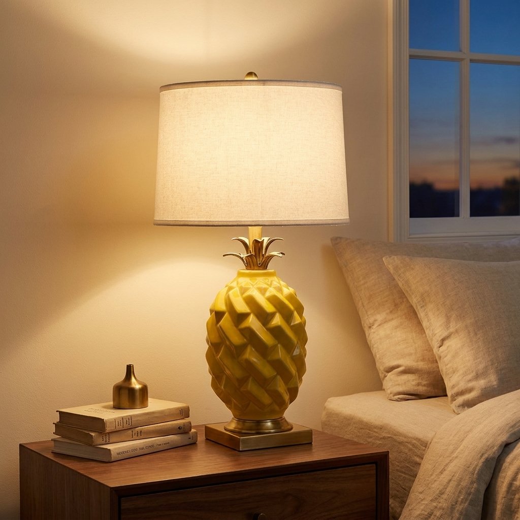 Ceramic Pineapple Table Lamp, Yellow with Brass-Tone Base styled in a warm modern interior