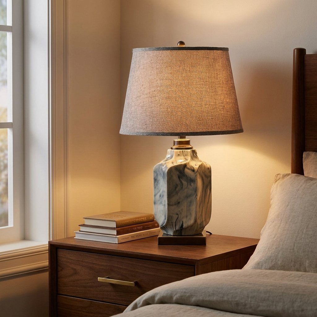 Ink Wash Ceramic Table Lamp, Copper Accents, Gray Linen Shade styled in a warm modern interior