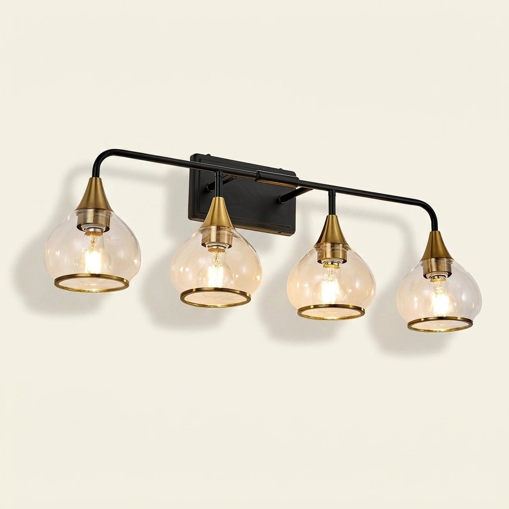 Modern 4-Light Vanity Wall Sconce, Brass Holders and Black Metal Frame, 31 in., for Bathroom on a warm cream background