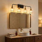Modern 4-Light Vanity Wall Sconce, Brass Holders and Black Metal Frame, 31 in., for Bathroom styled in a warm modern interior
