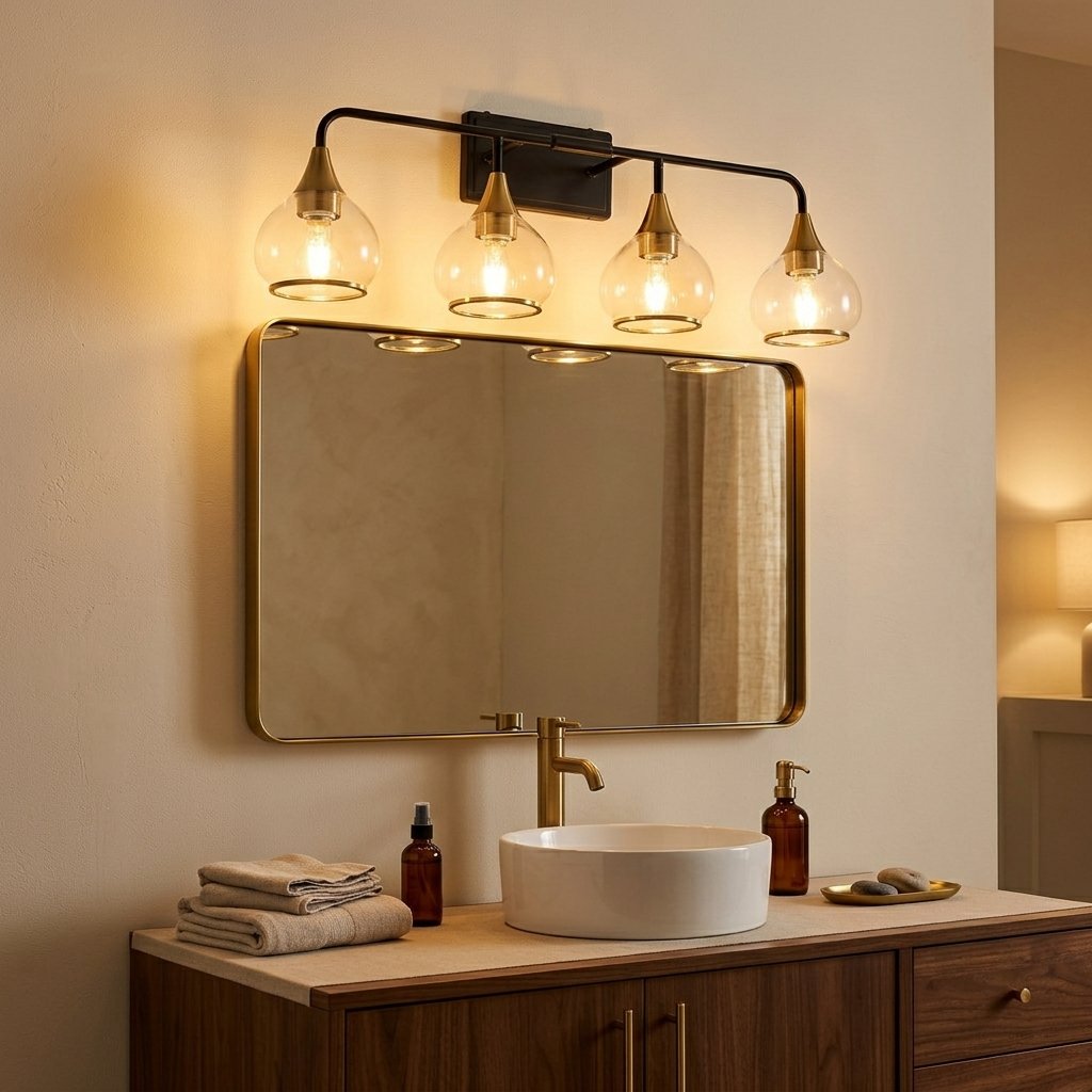 Modern 4-Light Vanity Wall Sconce, Brass Holders and Black Metal Frame, 31 in., for Bathroom styled in a warm modern interior
