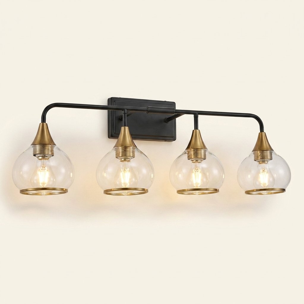 Modern 4-Light Vanity Wall Sconce, Clear Glass Shades, Black and Gold, 31 in., for Powder Room on a warm cream background