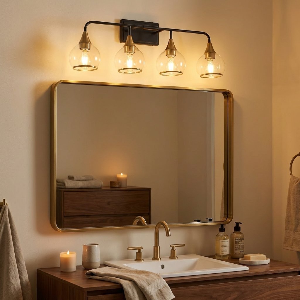 Modern 4-Light Vanity Wall Sconce, Clear Glass Shades, Black and Gold, 31 in., for Powder Room styled in a warm modern interior