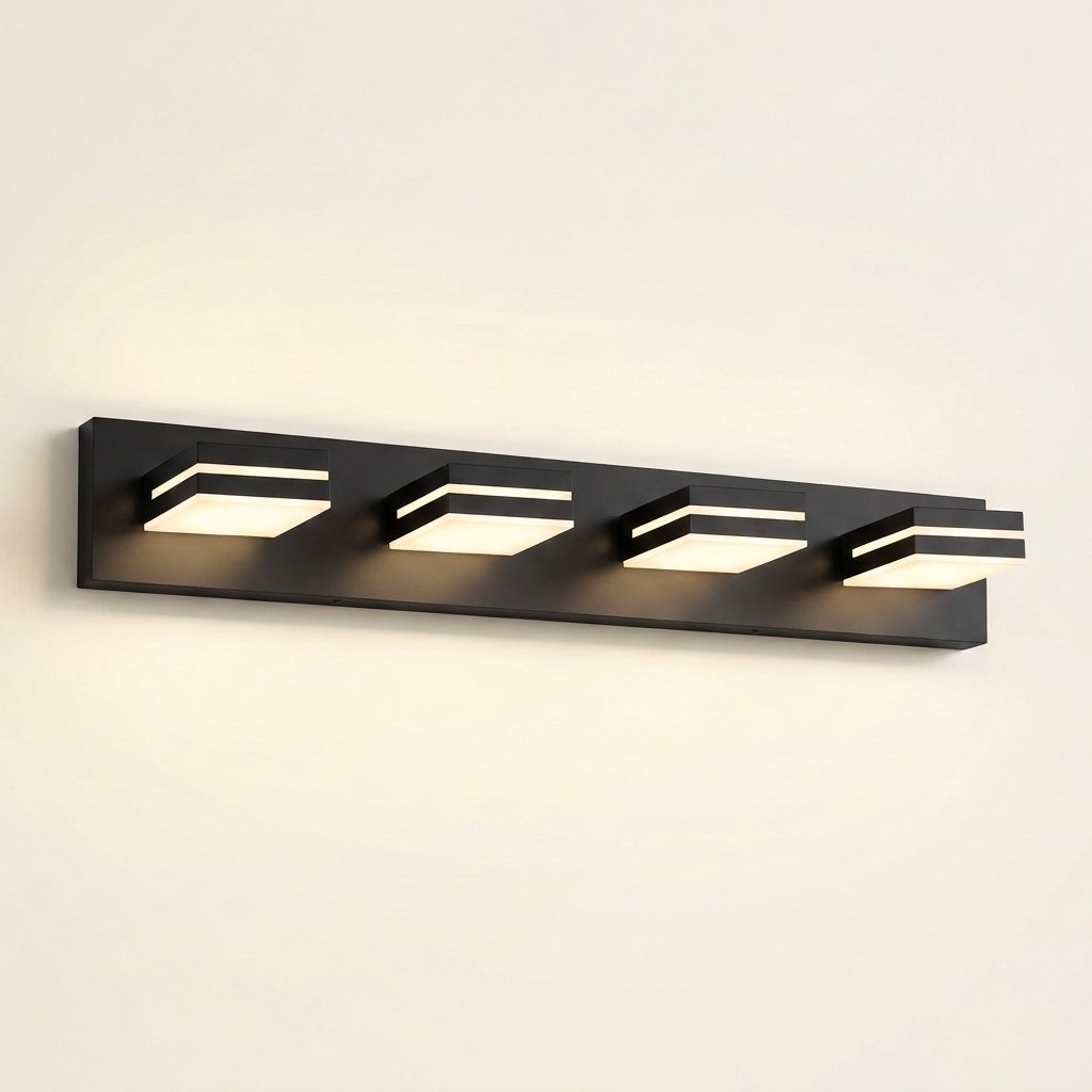Modern LED Vanity Light Bar, Geometric Heads, Matte Black, 4 or 5 Light on a warm cream background