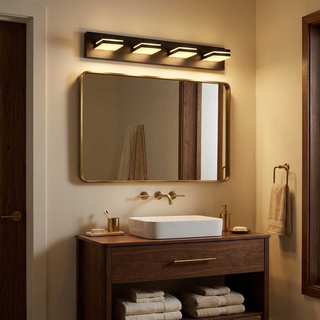Modern LED Vanity Light Bar, Geometric Heads, Matte Black, 4 or 5 Light styled in a warm modern interior
