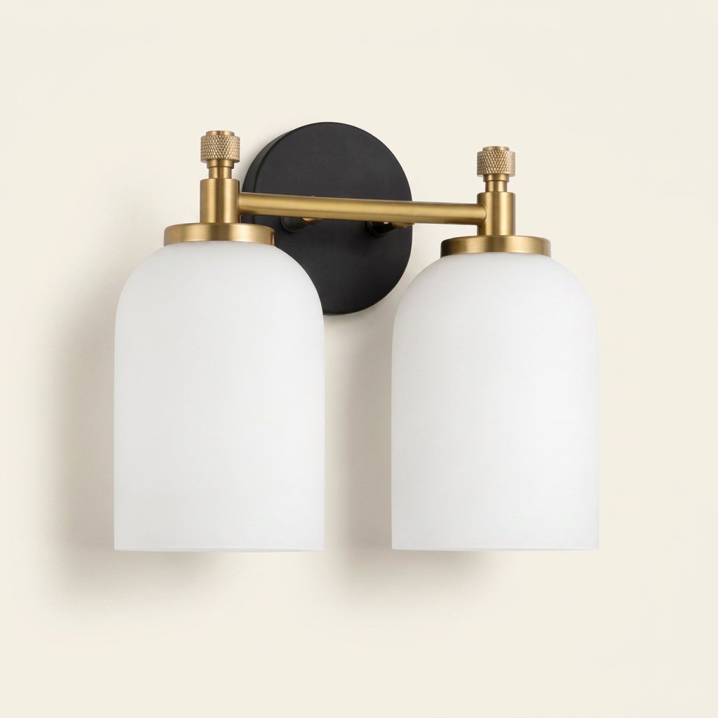 Traditional 2-Light Vanity Wall Sconce, White Frosted Glass, Black and Gold for Bathroom on a warm cream background