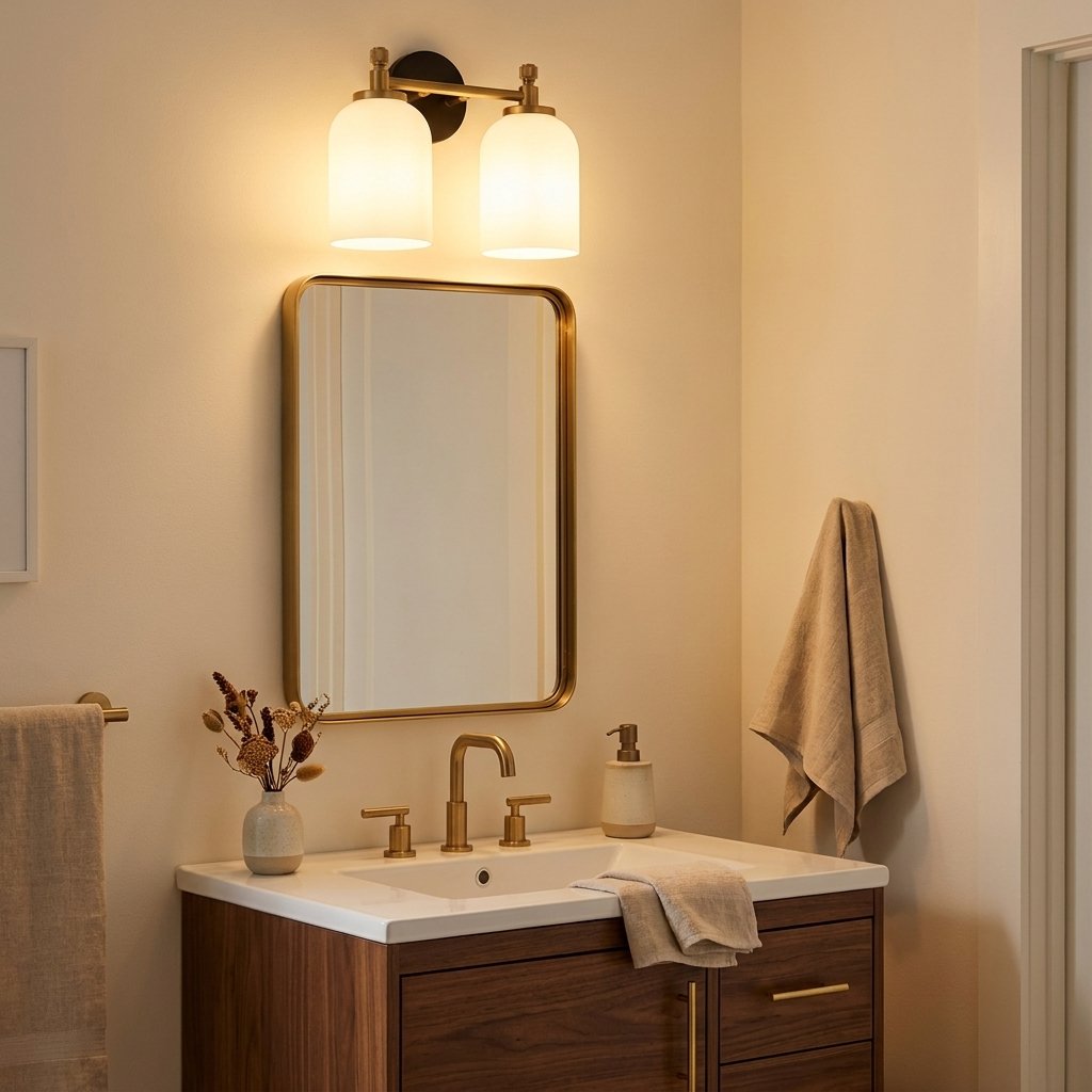 Traditional 2-Light Vanity Wall Sconce, White Frosted Glass, Black and Gold for Bathroom styled in a warm modern interior