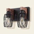 Industrial 4-Light Wall Sconce, Black Wire Cage with Wood Accents, 24 in. for Hallway on a warm cream background