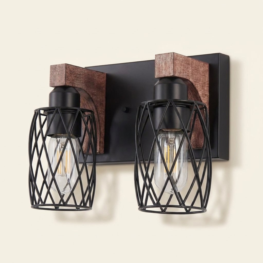 Industrial 4-Light Wall Sconce, Black Wire Cage with Wood Accents, 24 in. for Hallway on a warm cream background