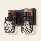 Industrial 4-Light Wall Sconce, Black Wire Cage with Wood Accents, 24 in. for Hallway on a warm cream background