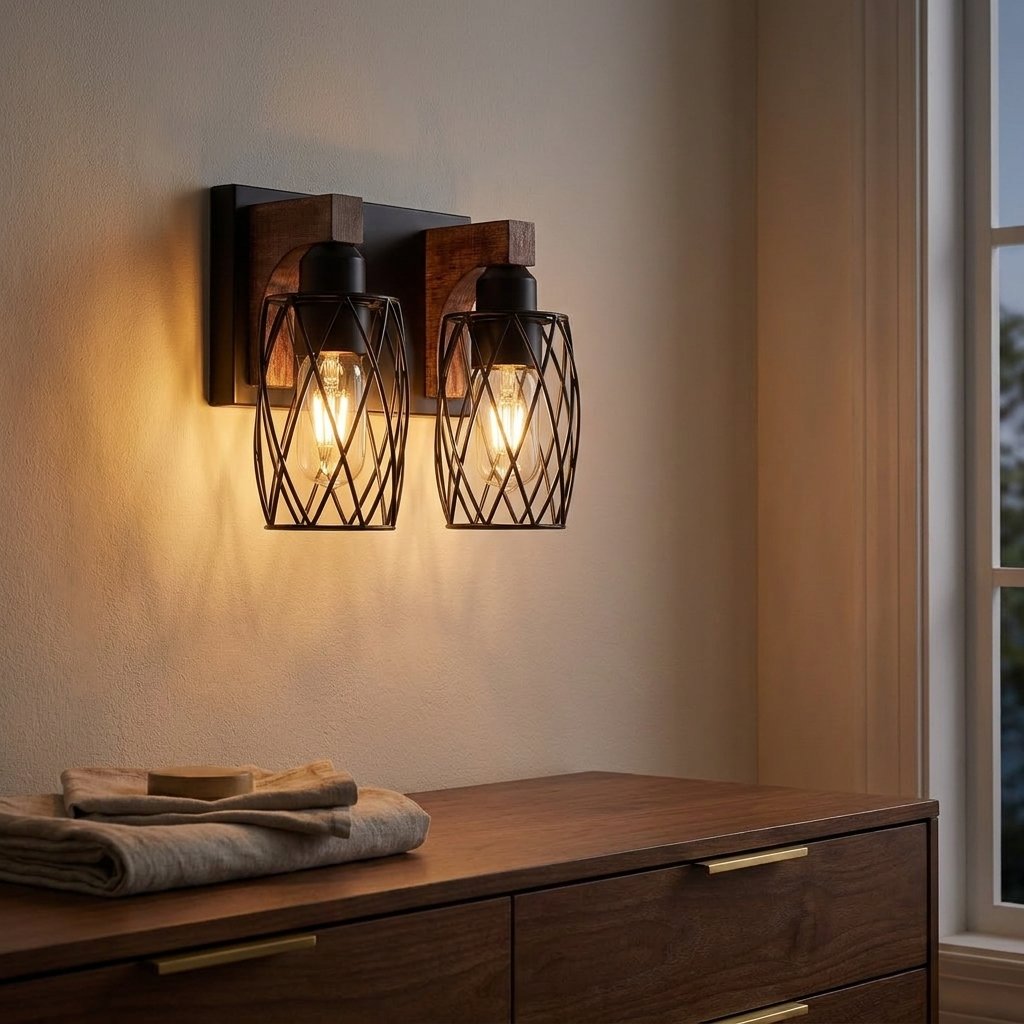 Industrial 4-Light Wall Sconce, Black Wire Cage with Wood Accents, 24 in. for Hallway styled in a warm modern interior