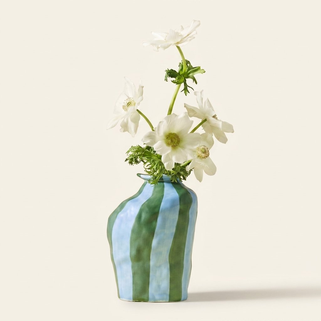 Striped Ceramic Flower Vase, Glossy Blue and Green, for Dining Table Centerpiece on a warm cream background