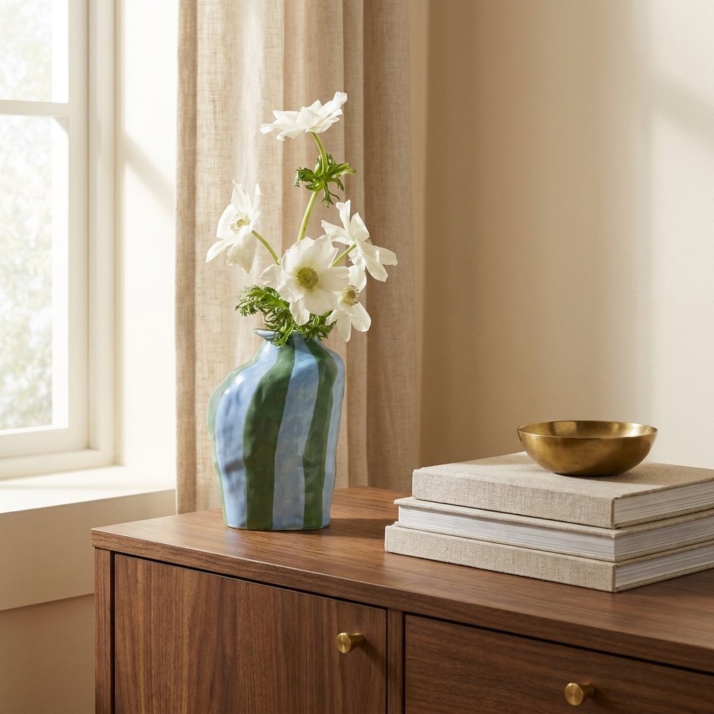 Striped Ceramic Flower Vase, Glossy Blue and Green, for Dining Table Centerpiece styled in a warm modern interior